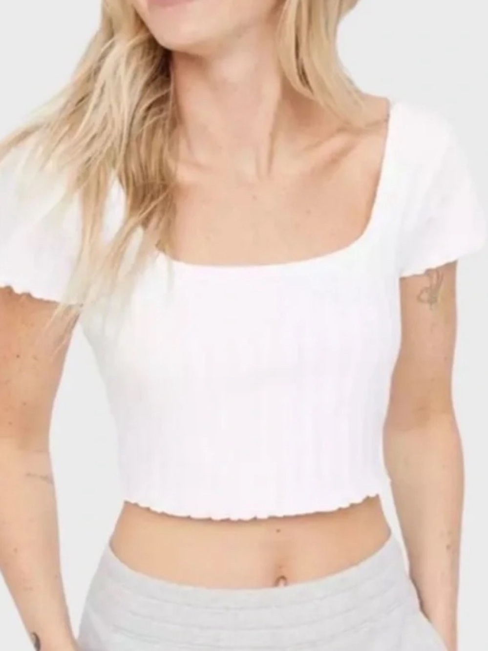 Square Neck Ribbed Crop Top with Lettuce Edge - White 100% cotton